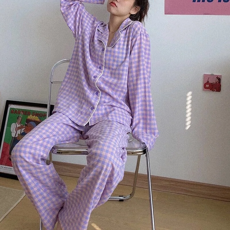 Women's Pajamas Lapel  Cardigan Sleepwear Long Sleeve Top Pants Cartoon Home Clothes Set In Spring and Autumn