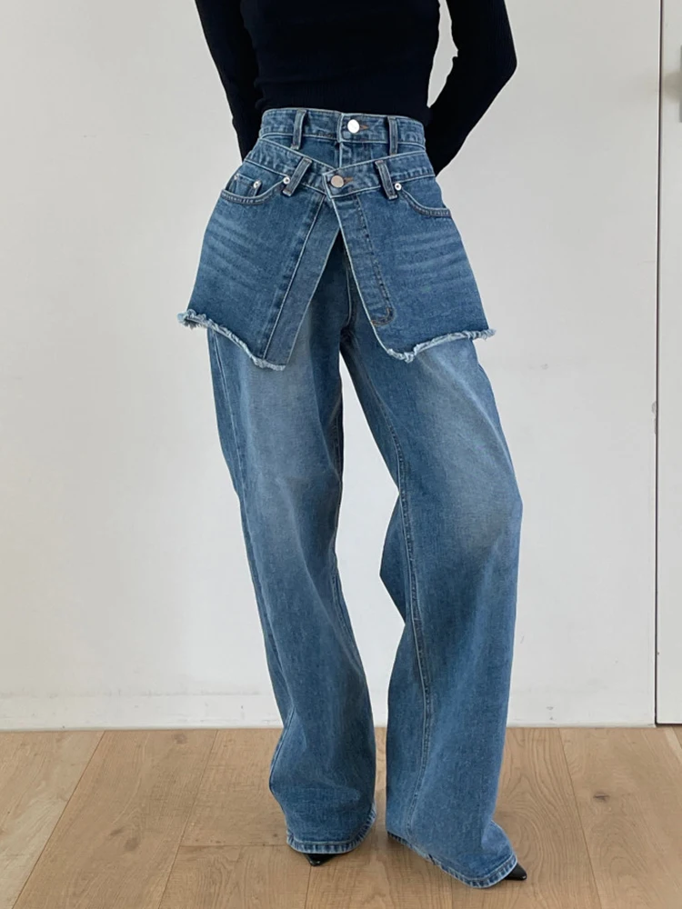 

Дизайнерские женские джинсы из двух частей с имитацией двух частей, с застежкой на талии, широкие штаны, повседневные джинсовые брюки с высокой талией, винтажные уличные брюки Y2K