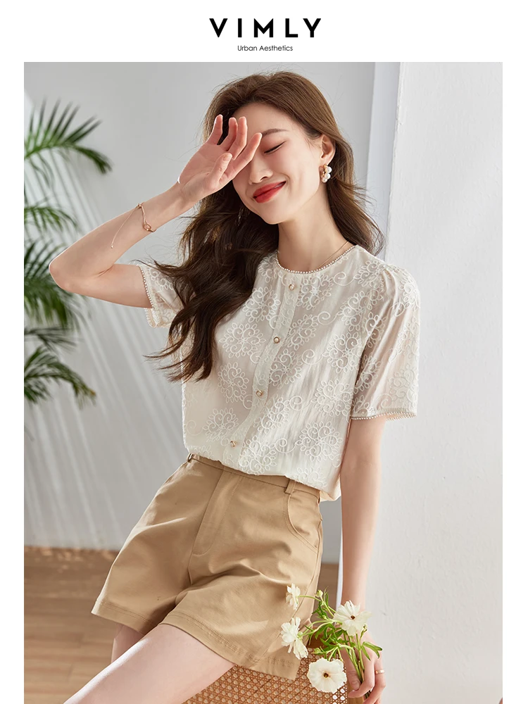 

Vimly Apricot Lyocell Embroidery Elegant Blouses for Women 2023 Summer Straight Loose Pullover Short Sleeve Ladies Tops Shirts