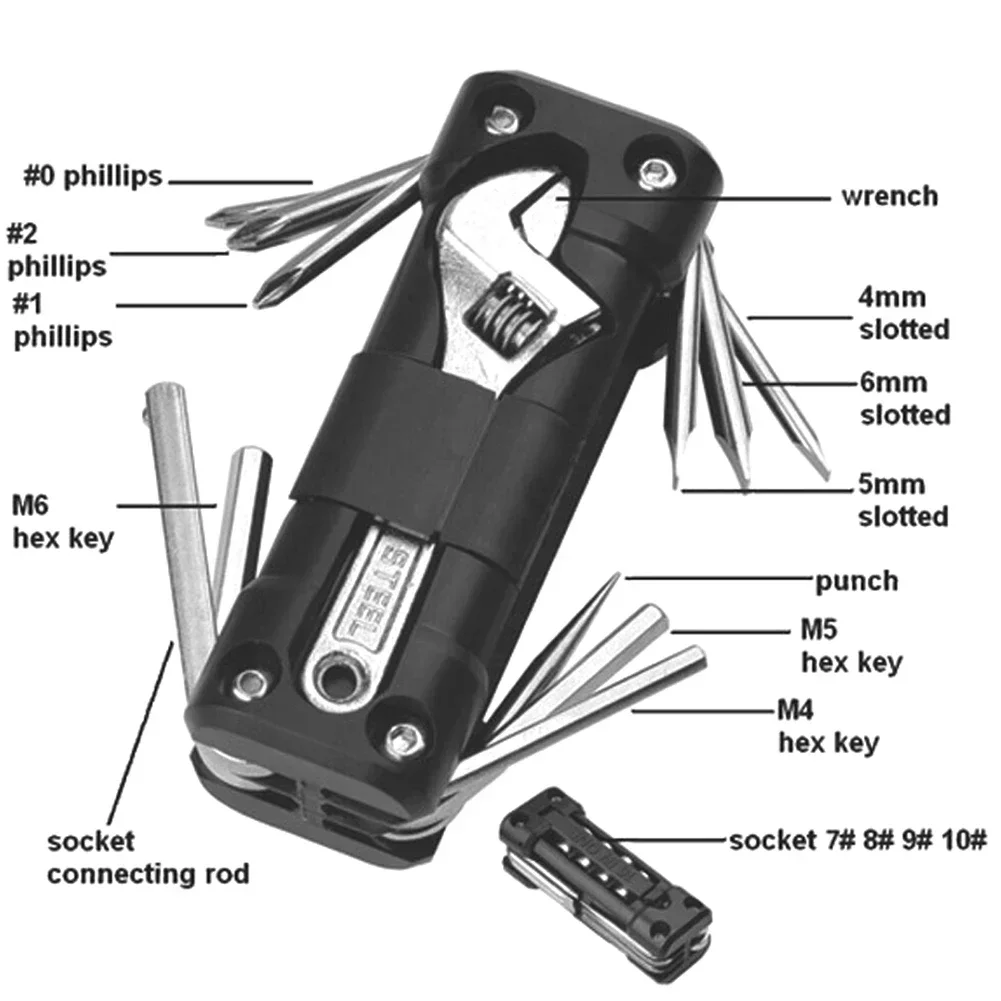 16 in1 Motorcycle Multifunction Tool Kit Multitool Tire Repair Tool Set with Screwdriver Chain MTB Road Cycling Motorcycle Tools