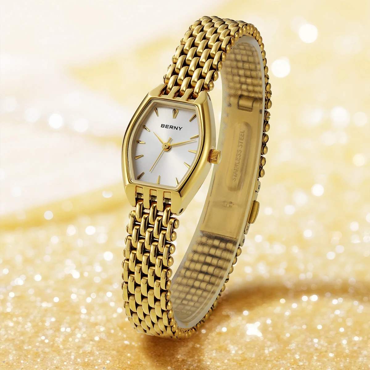 BERNY Golduhren für Damen, luxuriöse, schlanke, elegante Damen-Quarzuhr, goldene Edelstahl-Mode-Armbanduhr – Detail 10