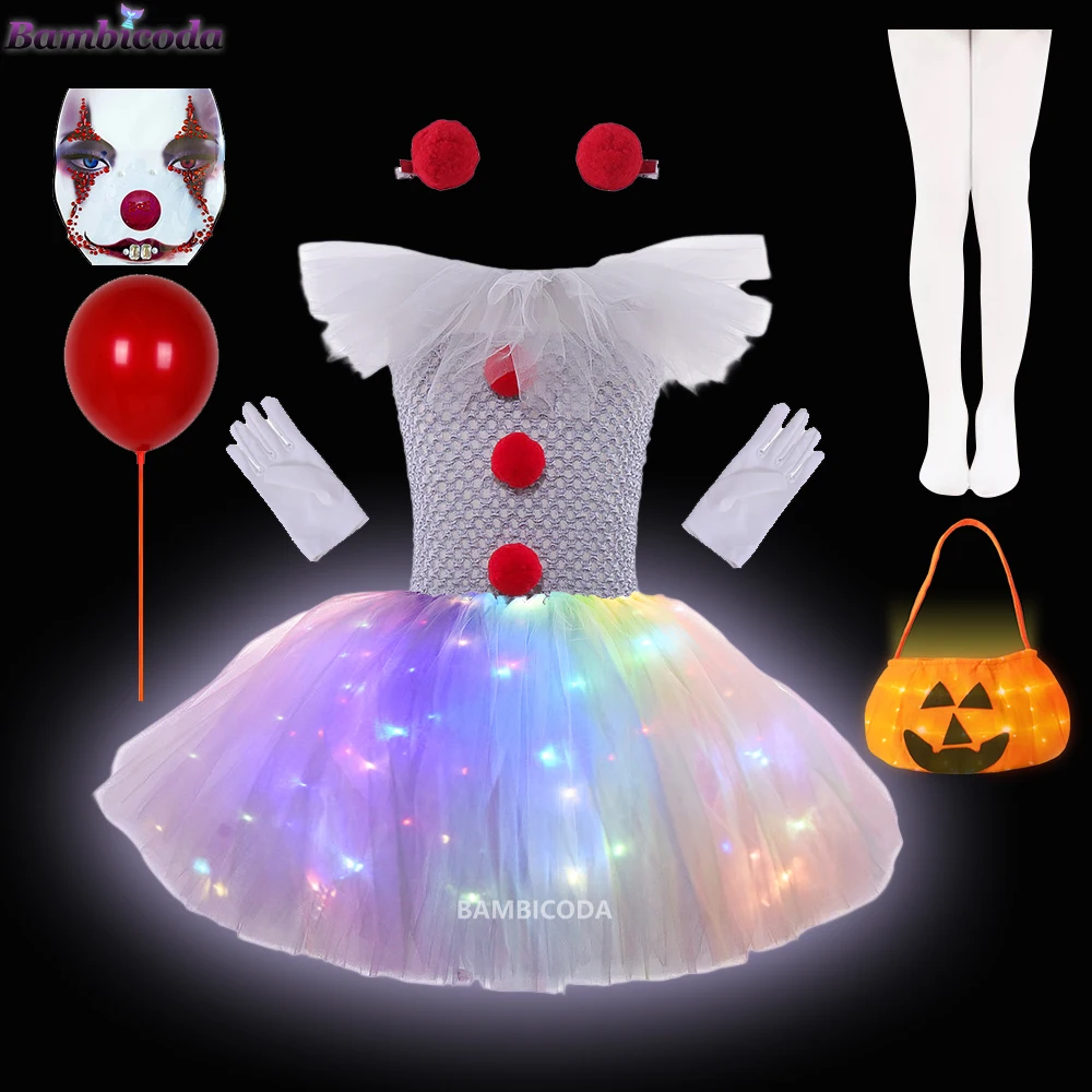 Gray Clown Led Light up Tutu Dress for Girls Carnival Halloween Costume for Kids Girl Joker Cosplay Children Party Scary Clothes girls dress