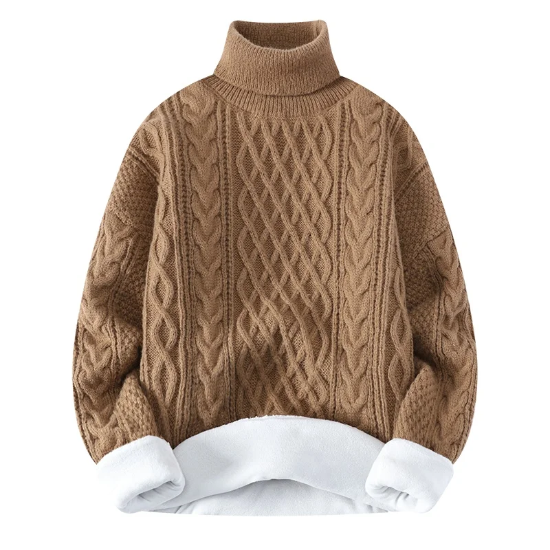 2023 Autumn Winter Mens Fleece Turtleneck Sweater Men Knitting Pullovers Knitted Red Sweater Warm Men Jumper Casual Sweater