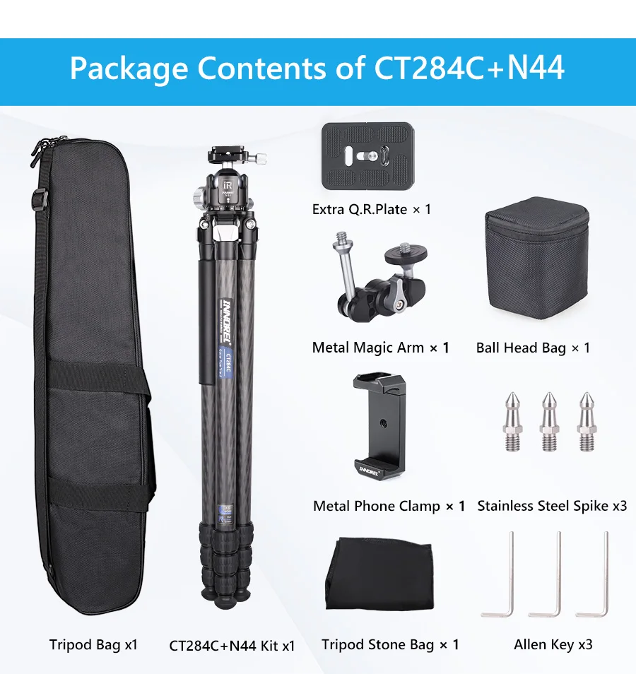 CT284C Professional Carbon Fiber Tripod Travel Camera Stand with Stone Bag for D