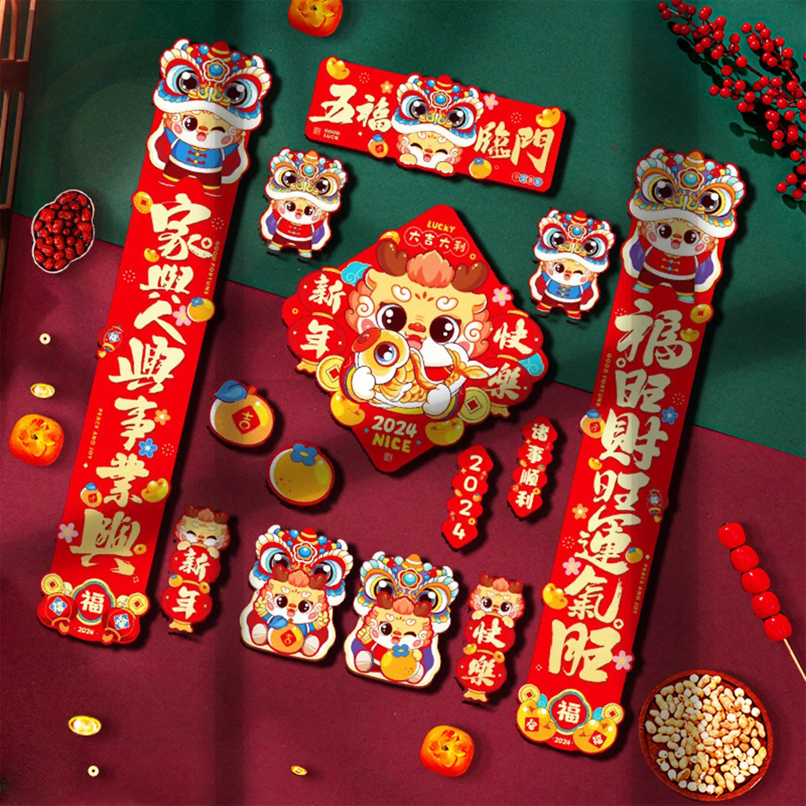 

16 шт. китайский Новогодний набор, символ фу наклейка новогодний баннер для 2024 новогодний красный весенний праздничные сувениры