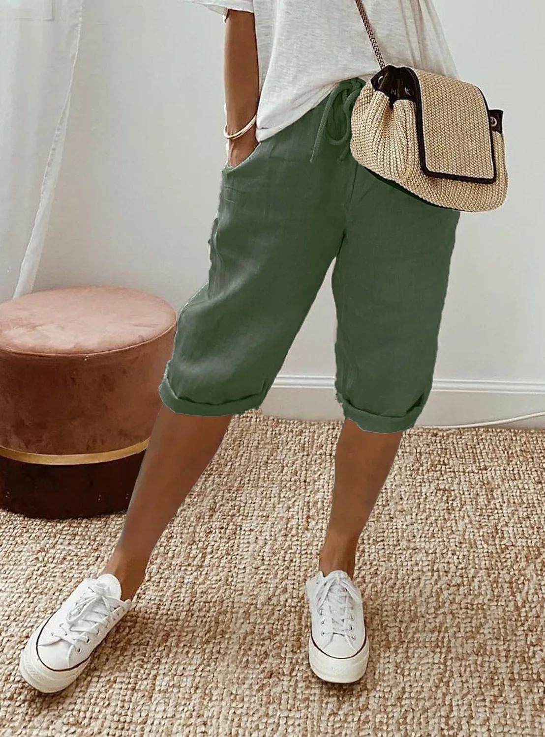 Women's Cotton and Linen Pocket Elastic Casual Pants Women's Pants Quarter Pants