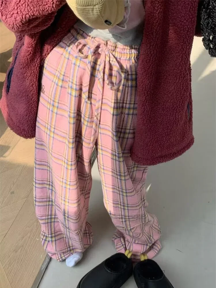 Deeptown Y2K Pink Plaid Pants Women Korean Fashion Winter Wide Leg Checked Trousers Oversized Harajuku Vintage Baggy Sweatpants