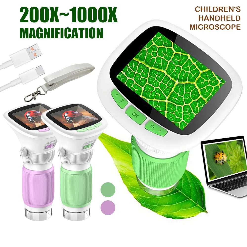 휴대용 어린이 현미경 200X-1000X 배율 1MP HD 사진/비디오 8 LED 조명 어린이 탐험용 STEM 과학 장난감