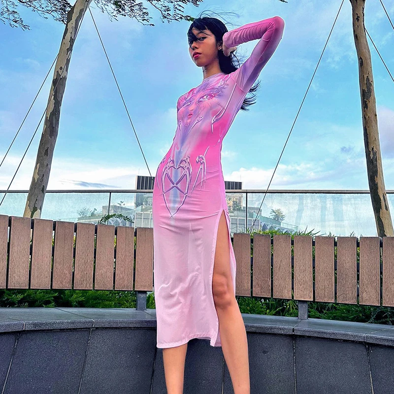 

Womens dresses 2024 New in anime Printed mesh Midi pink kpop fashion chic gyaru Young girls streetwear long sleeve bodycon dress