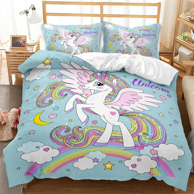 Colorful Luminous Unicorn Print Bedding Set 3D Cartoon Animal Pattern Duvet Cover Bedroom Decor With Pillowcases For Girls Gift 