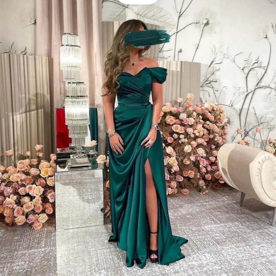 

Long Green Satin Muslim Evening Dresses With Slit Mermaid Pleated Zipper Back Floor Length Robe De Mariée Party Gowns For Women