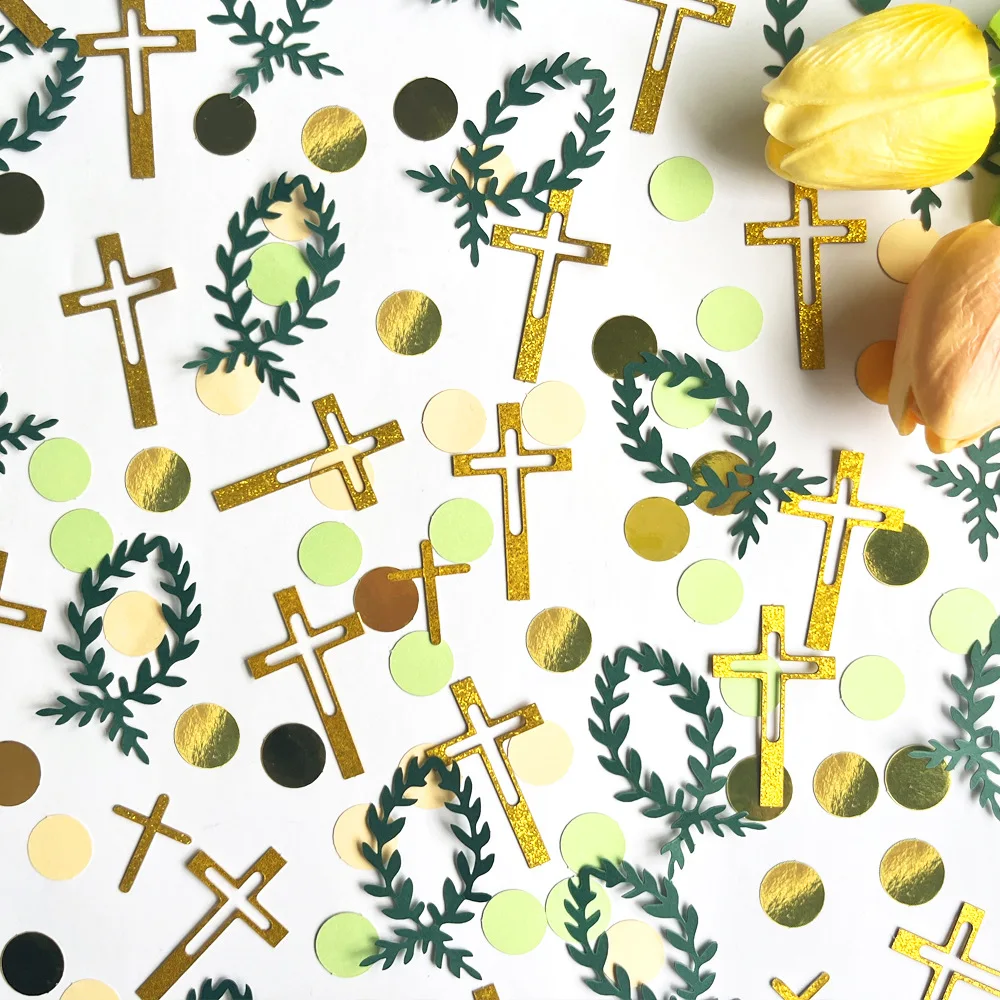 Church Wedding baby shower Confetti Cross Bible Table Scatter Green leaves Sequins Birthday Holy Communion DIY Party Supplies hand throw confetti poppers rose confetti shell confetti paper confetti party decorations