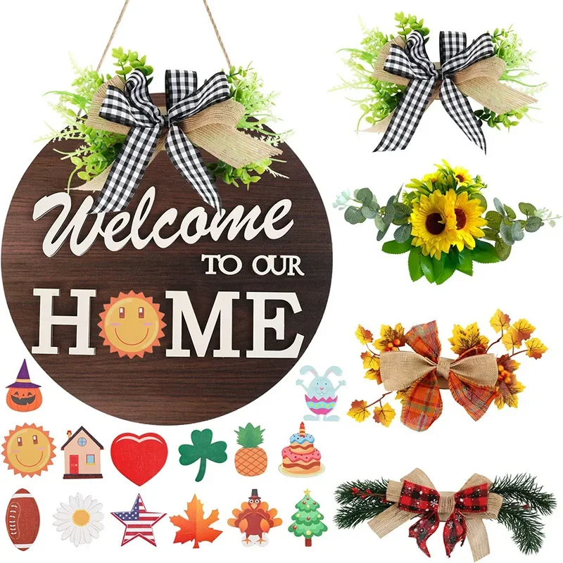 

30cm Door Hanging Sign Simulation Flower Wooden Handicraft Halloween Christmas Wall Background Decoration Pendant Home Art Board