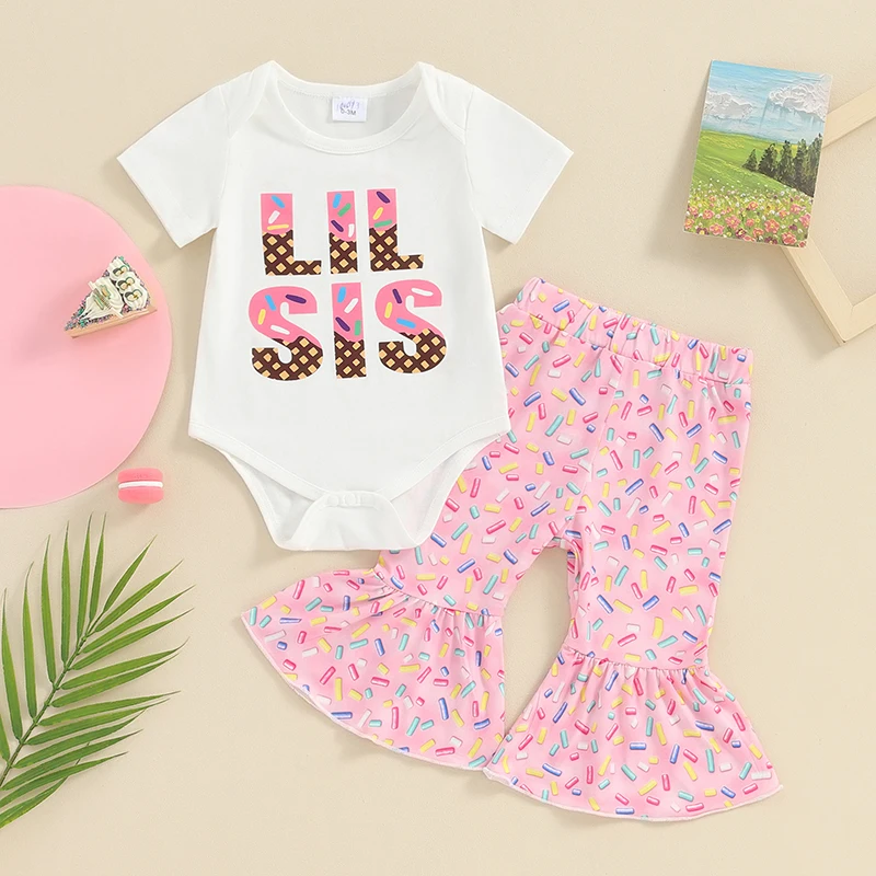 

Baby Clothing Girl 2Pcs Birthday Outfits LIL SIS Short Sleeve Doughnut Letter Print T-shirt + Flare Pants Set Toddler Clothes