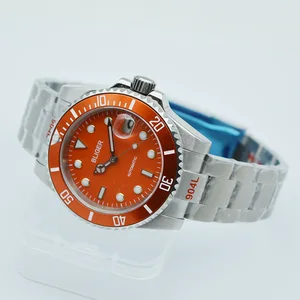 BLIGER 40mm Mechanical Watches 24 Jewels NH35A Automatic Mens Watches Clear Glass Back Ceramic Bezel Insert Orange Dial Luminous