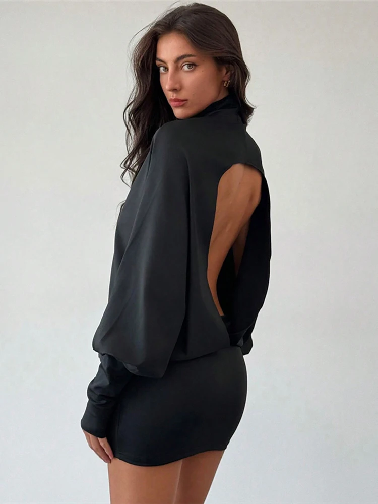 Nibber Backless Dress Women Turtleneck Lantern Sleeve Solid High Elasticity Sexy Simple Classic Street Prom Party Mini Bodycon