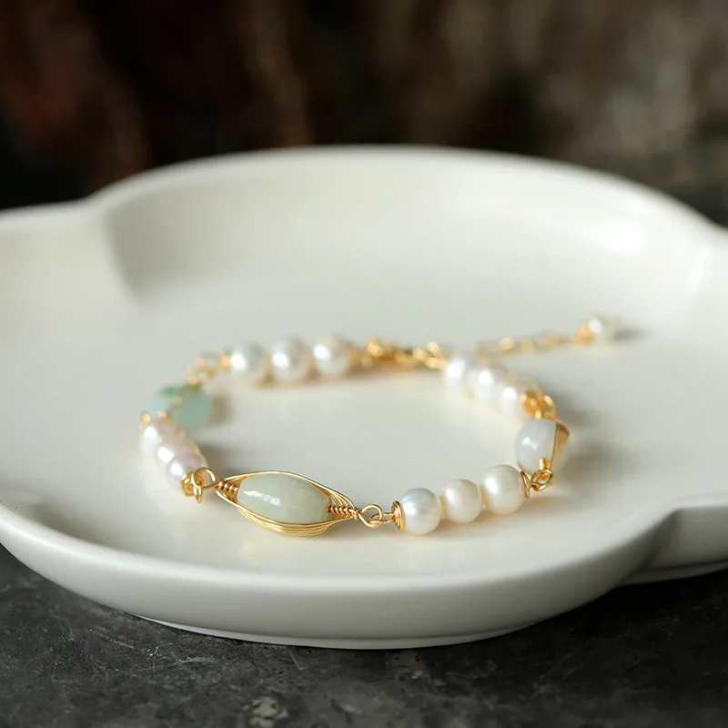 

Natural Jadeite and Pearl Bracelet with 14K Gold Plated Clasp Minimalistic Handwrapped Fashion Jewelry Elegant Valentine's Gift