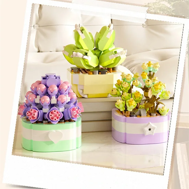 Flower Succulents Building Blocks Everlasting Flower Bonsai Tree Gardens Romantic Bricks DIY Potted Plants Model Kids Kits Toys 3