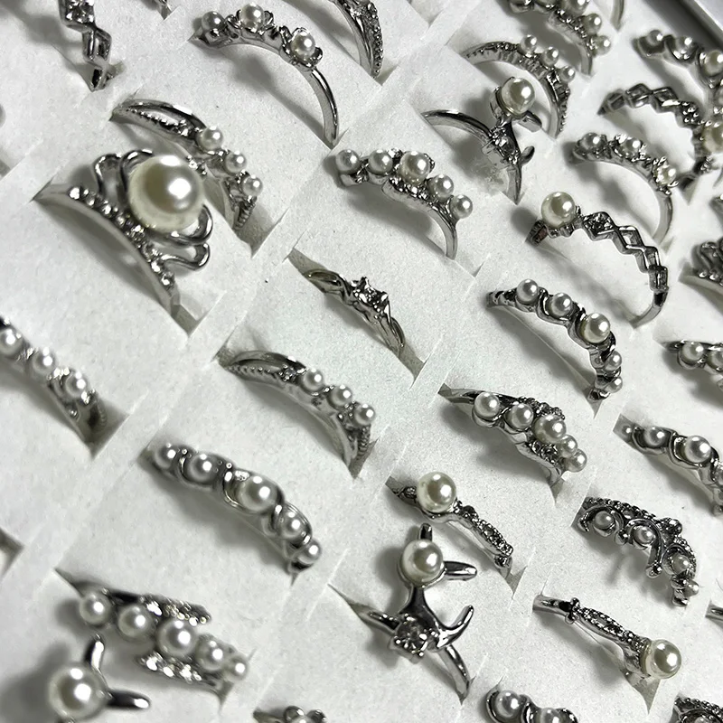 

100Pieces /Lot New Design Silver Plated Ring Crown Imitation Pearl Ladies Women Rings Wholesale jewelry LR4205