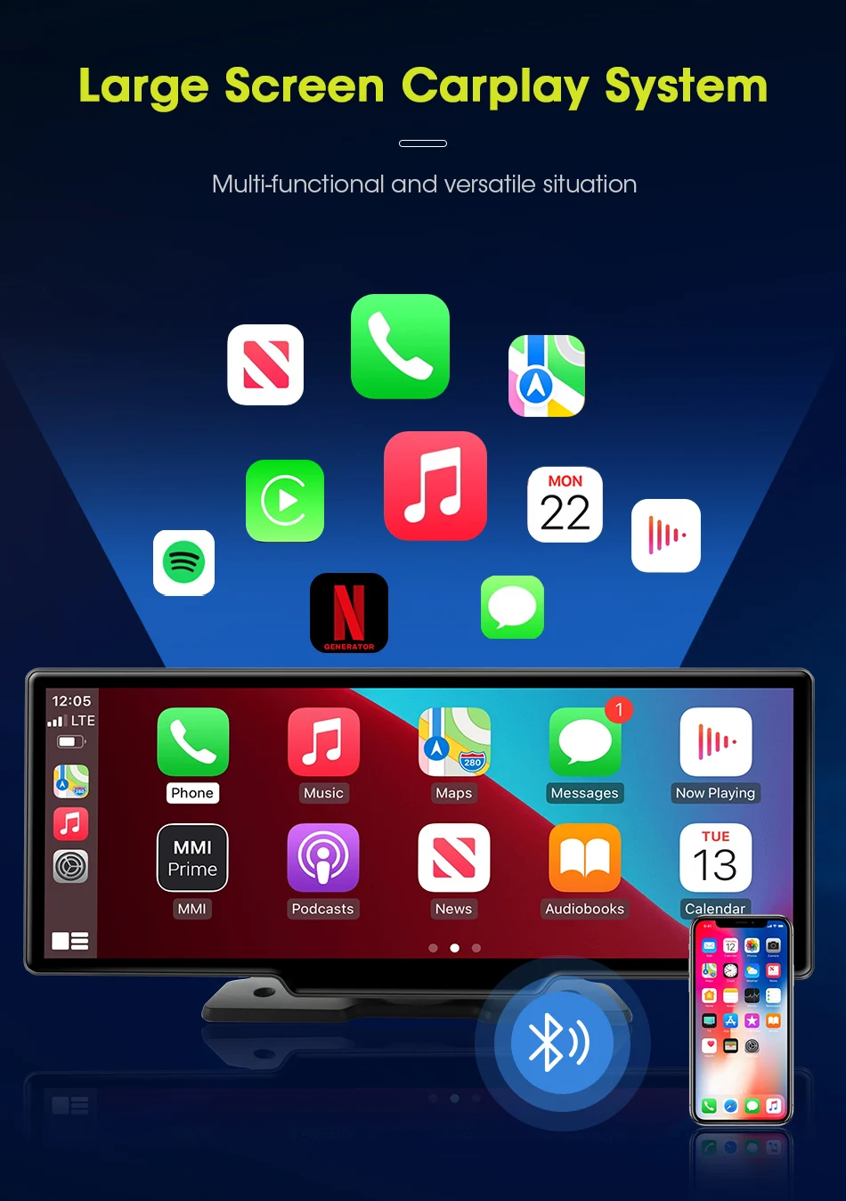 Srnubi 10,26-Zoll-Carplay-Bildschirm für Auto-DVR-Multimedia, kabelloses Carplay und Android Auto, Auto-Stereoanlage, Mirror Link, Bluetooth, AUX-Player – Detail 5