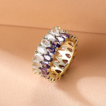 Pear Cut Full Zircon Big Luxury Engagement Rings For Women Gold Color Blue Green Purple Red Stone Wedding Bands Bicolor Jewelry