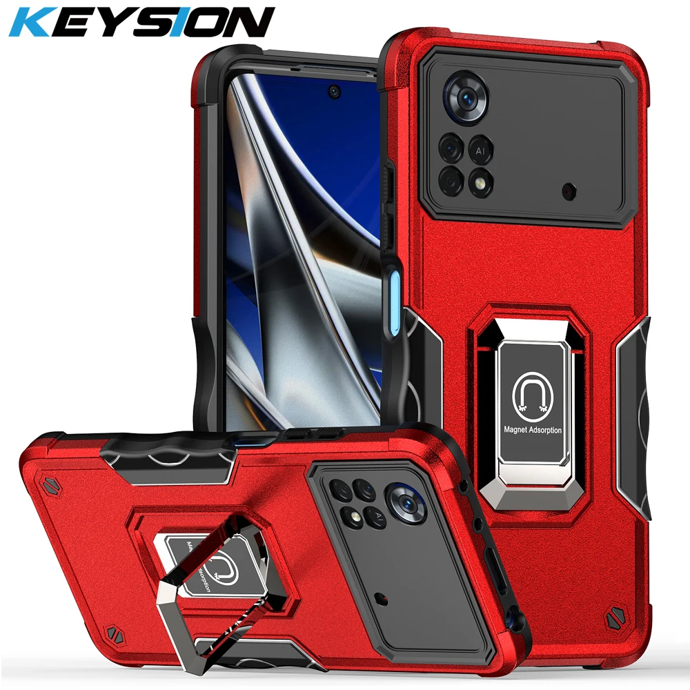 

KEYSION Shockproof Armor Case for POCO X4 Pro 5G Soft Silicone + PC Metal Ring Stand Phone Back Cover for Xiaomi POCO M4 Pro 4G