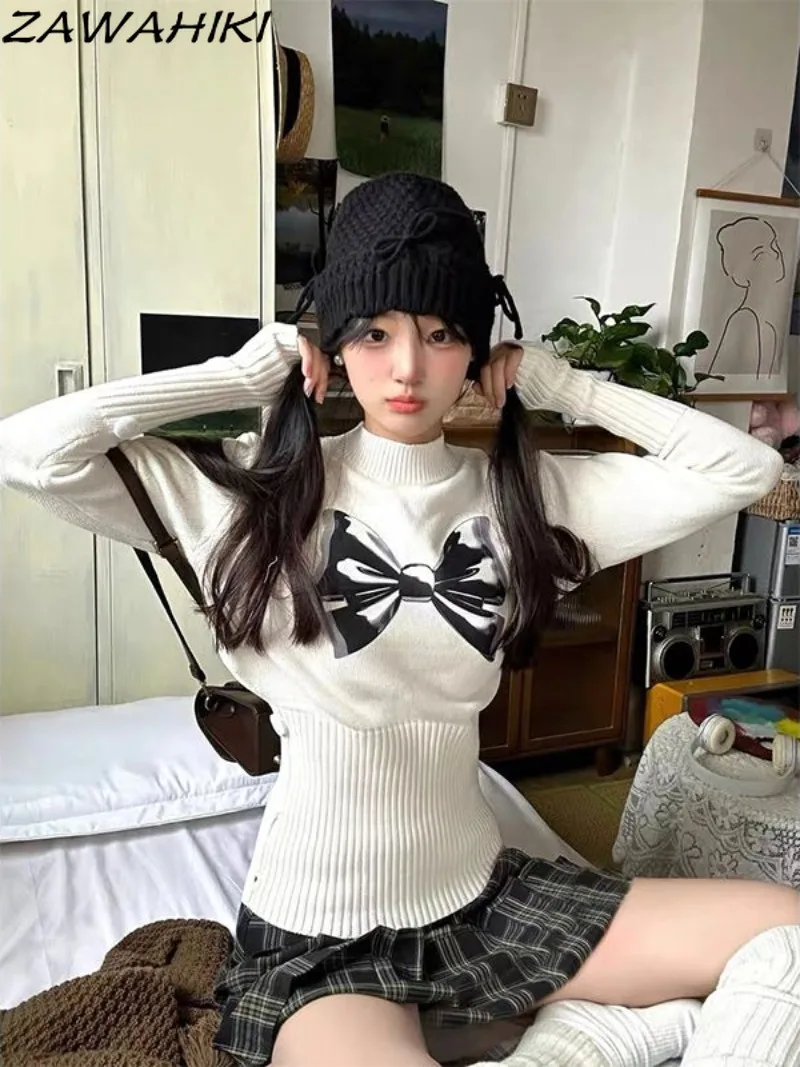 

Butterfly Print Designed Mock Neck Slim Knitted Pullovers Fall Winter New Arrive Y2K Aesthetic Bottoming Kpop Sweater Women