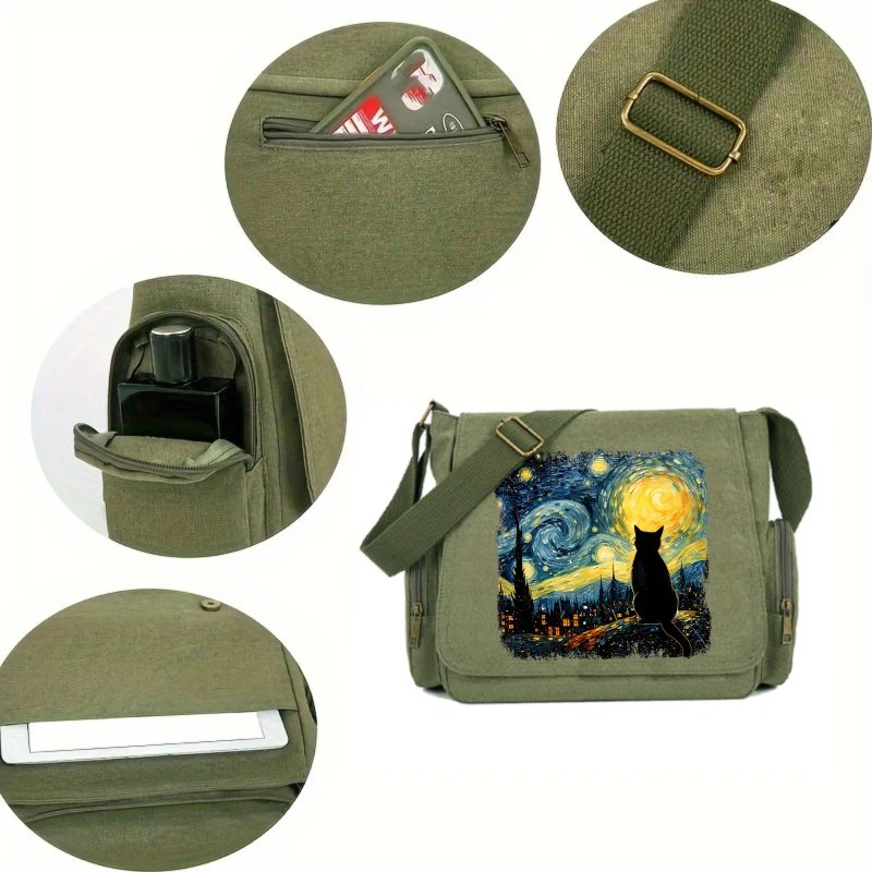 Retro Women's Shoulder Bag Men's Messenger Bag Canvas Crossbody Bag Cat Print Large Capacity Laptop Bag