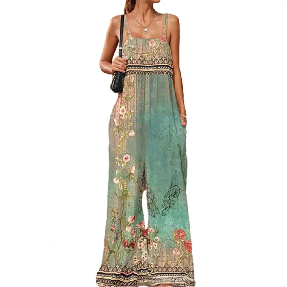 

Women Summer Jumpsuit Sleeveless Square Neck Backless Wide Leg Deep Pockets Vintage Flower Print Floor Length Female Clothes