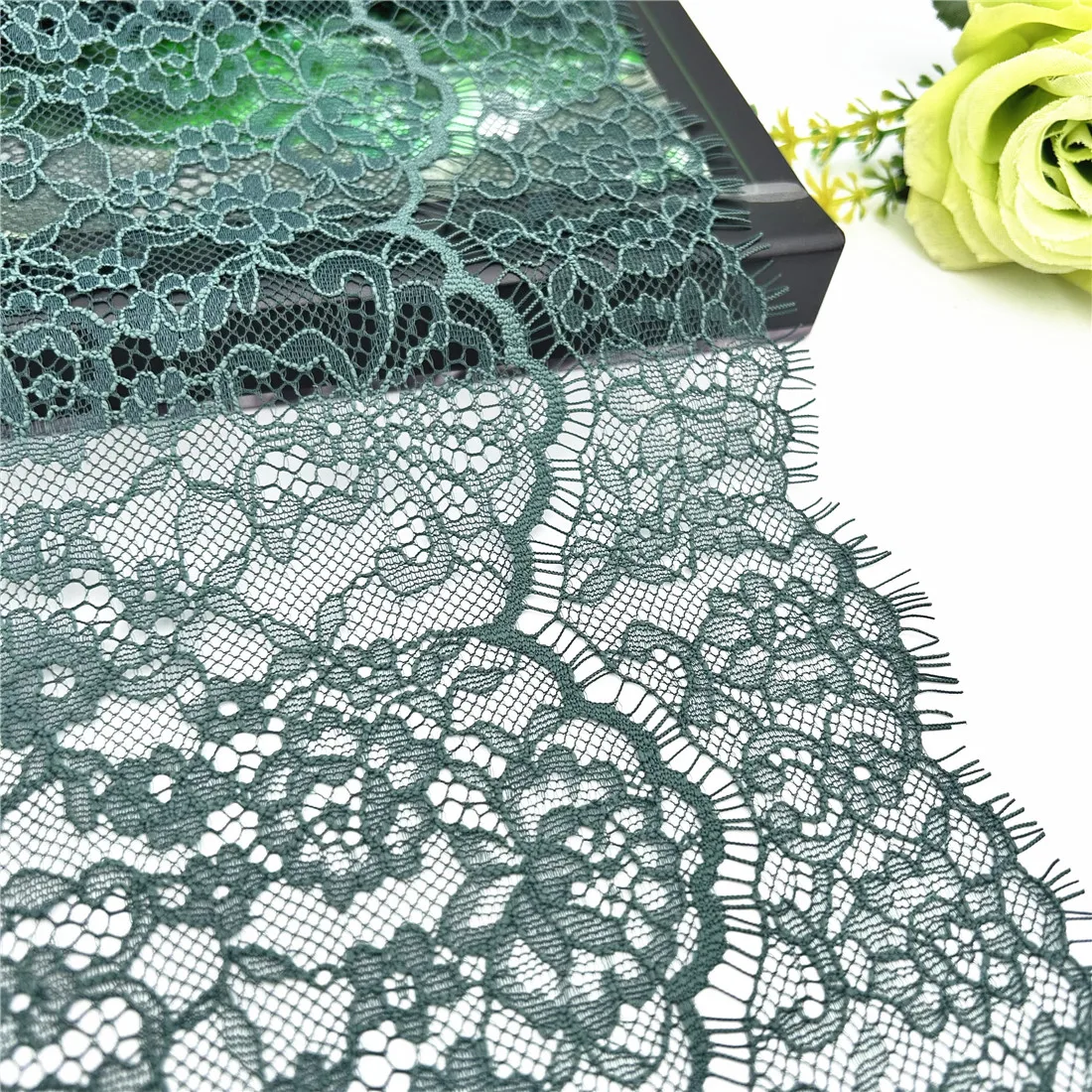 3y/lot Width 9 inch 23cm Dark Green Eyelash Lace Trim Non-Elastic 3