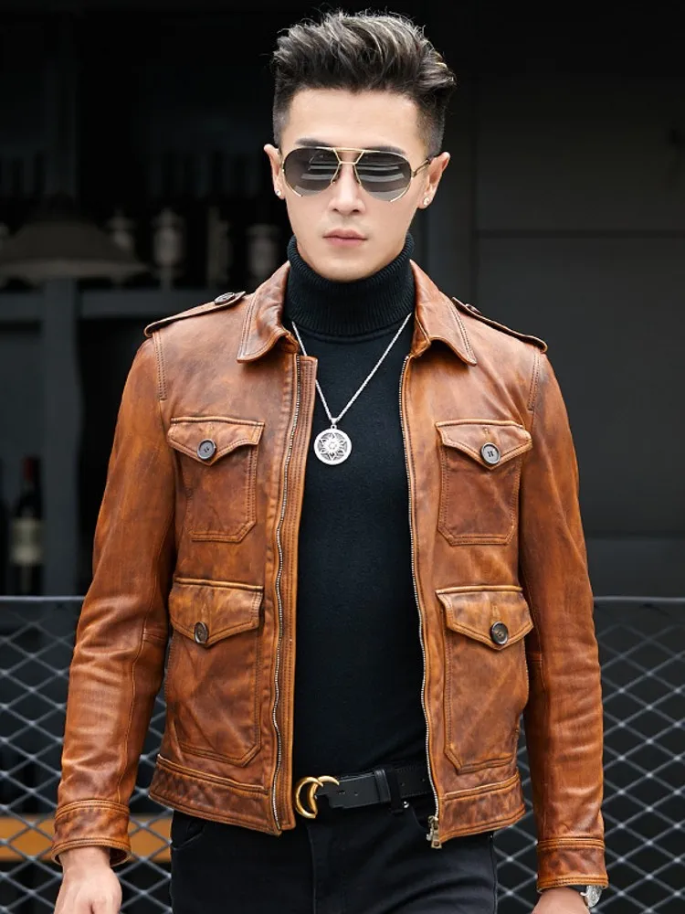 men's genuine leather coats & jackets Natural Sheepskin Jacket Men Slim Fit Business Casual Genuine Leather Cargo Coat Short Vintage Pockets Motorcycle Biker Jacket leather sheepskin jacket