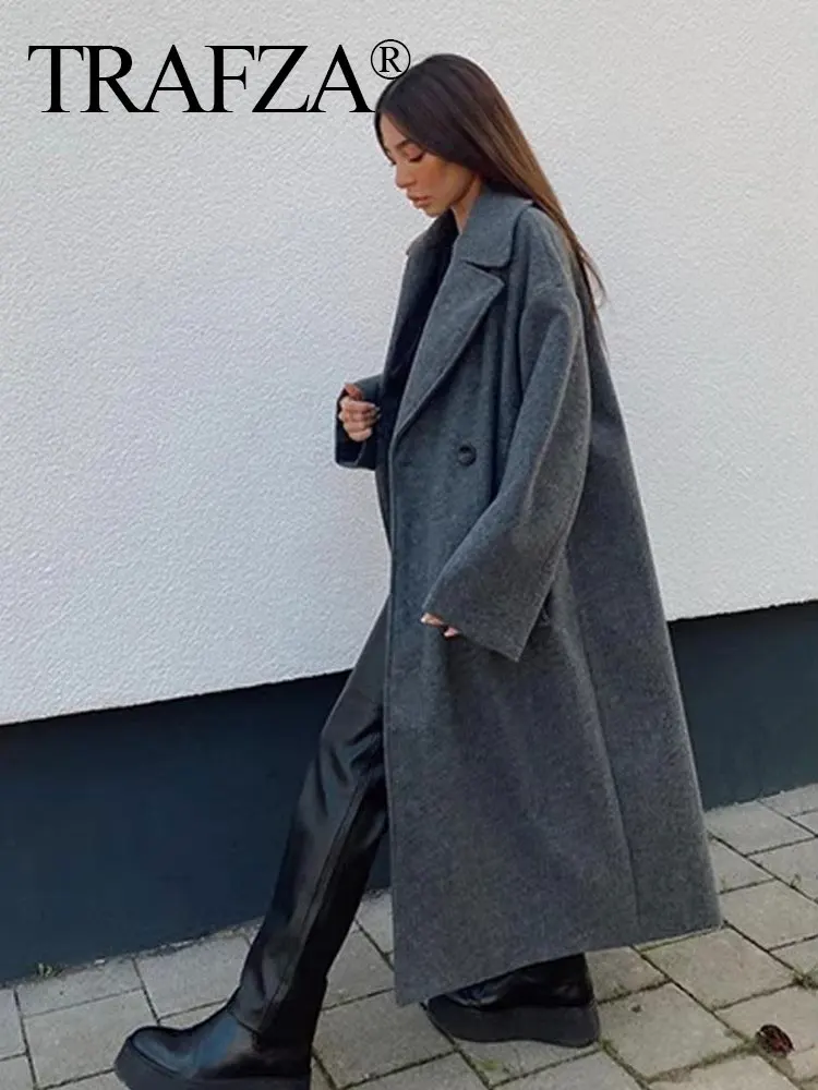 TRAFZA Winter Coat For Women 2024 Solid Lapel Double Breasted Long Cardigan Top Female Pokcet Streetwear Woman New In OuterCoat 5