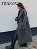 TRAFZA Winter Coat For Women 2024 Solid Lapel Double Breasted Long Cardigan Top Female Pokcet Streetwear Woman New In OuterCoat 5