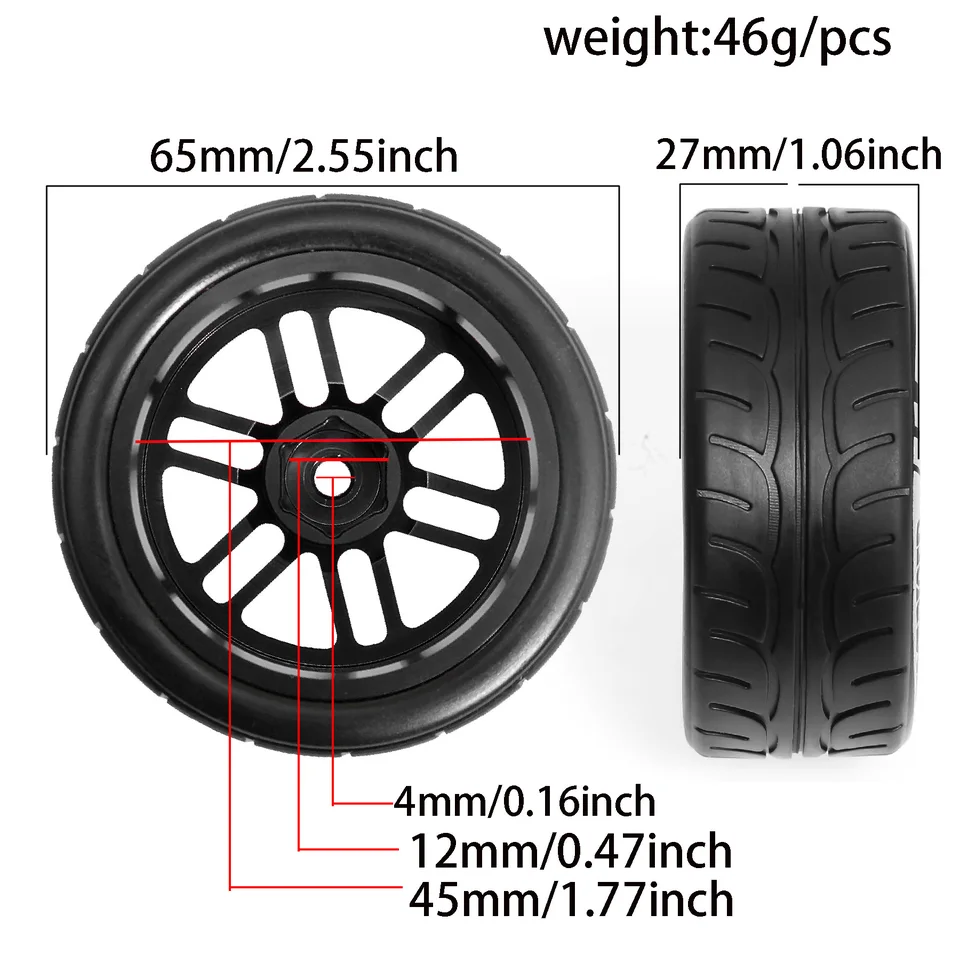 WLYEJEA 4-Pack 1/10 Plastic RC Wheel Rims - 12mm Hex Hub For Traxxas Tamiya HSP Kyosho Cars