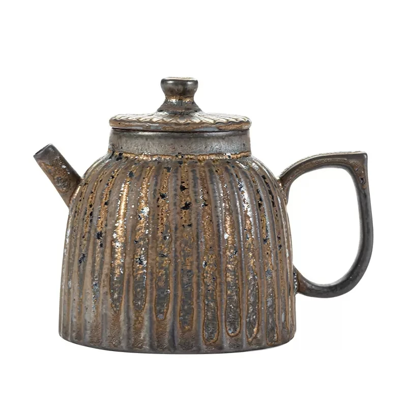 Chinese style retro stoneware persimmon shape hand-held teapot, handmade pottery kiln, personalized tea maker