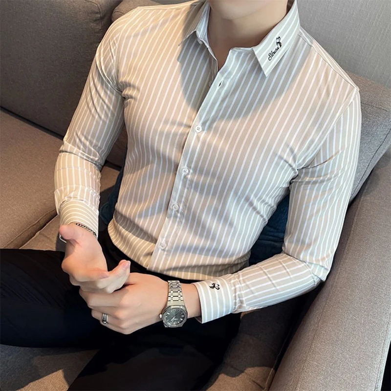 Spring Autumn Striped Printed Embroidery Bottomed Shirt Hombre Long Sleeve Casual Fashion Oversized Blouse Male Cardigan Top Men