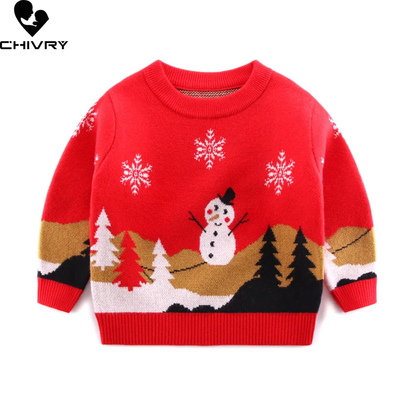

Kids Cartoon Christmas Snowman Jacquard Warm Sweaters New 2023 Autumn Winter Baby Boys Girls Round Neck Pullover Knitted Sweater