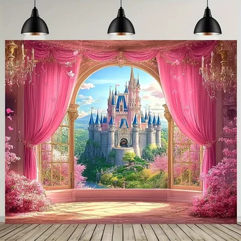 Spring Pink Rose Castle Garden Polyester Tapestry 1