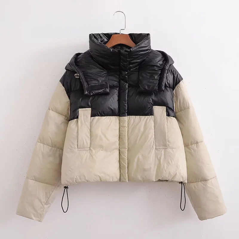 

Fashion Splices Hooded Cotton Padded Coat Women Thicken Warm Winter Jackets Female Korean Loose Down Jacket For Women 2024