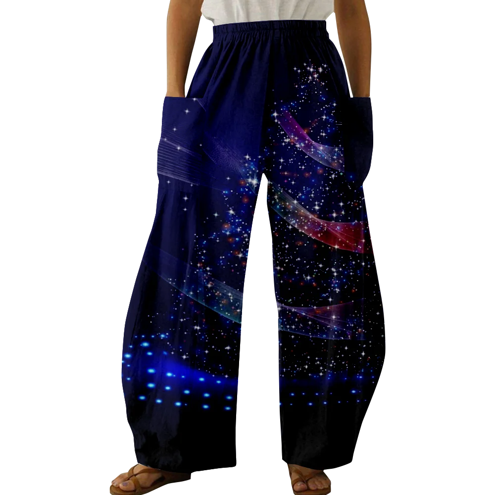 Spring Stylish Galaxy Print Pants Summer Casual Oversized Girls Y2K Trousers Creative Pocket Wide Leg Pants Women Pantalon