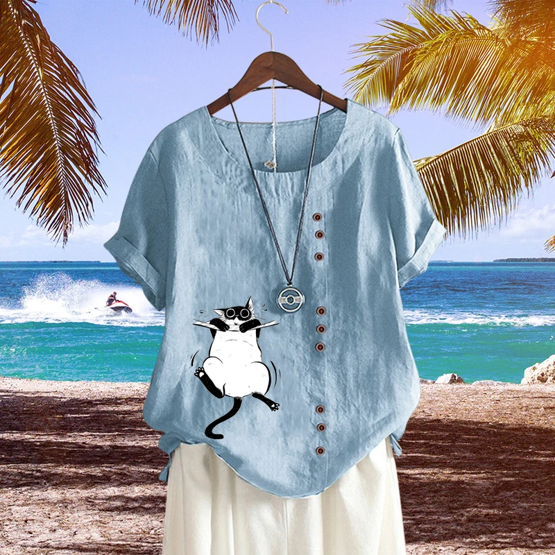 

2022 INS Trends Summer Graphic Printed Round Neck Short Sleeve T Shirt Casual Loose Plus Size Solid Color Women Cotton Linen Top