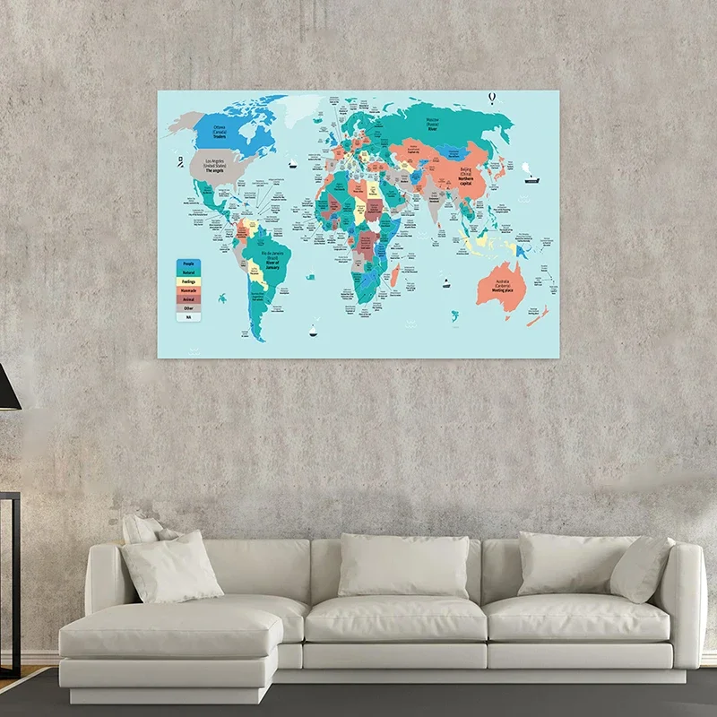 150*100cm The World Capitals and Their Local Languages Translation Wall Poster Non-woven Canvas Home Decoration School Supplies