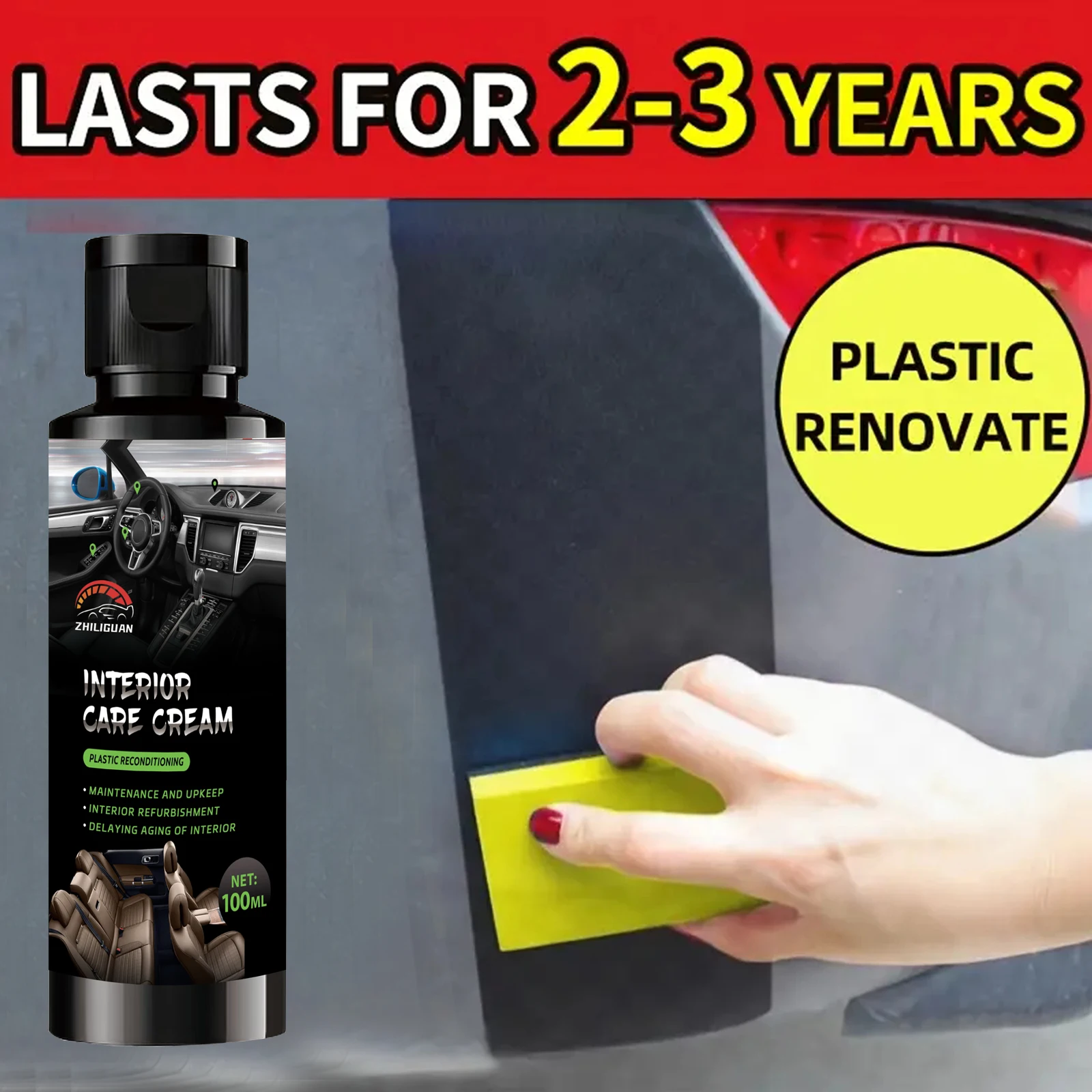 Car Interior Renewal Wax Deep Gloss and Brighten Dashboard Bumper Seats Tire Coating Enhancer with Black Plastic Parts Repair 2