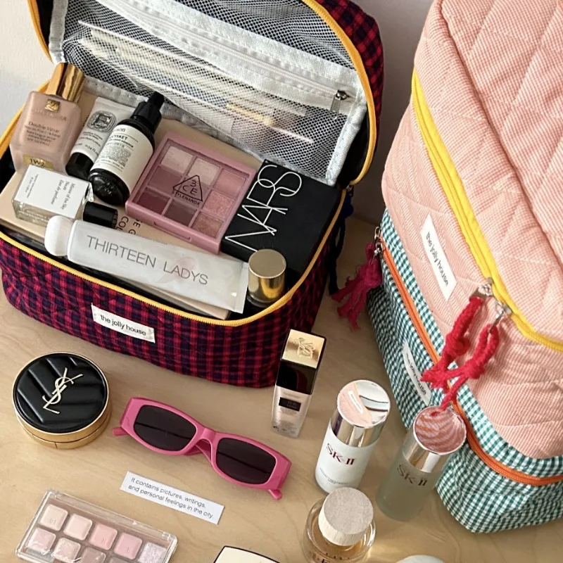 Ladies' Color Blocking Checkered Makeup Bag Women's Ins Large Capacity Makeup Brush Storage Bag 4