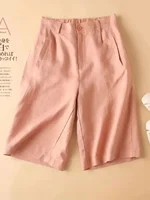 High Waist COTTON Linen Women's Shorts Loose Casual Solid Women's Summer Shorts Basic Black Coffee Semi-elasticated Waist Shorts - Image 4