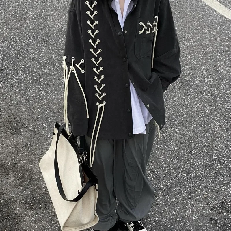 Gmiixder 유니섹스 빈티지 펑크 블랙 셔츠 코트 남성 여성 봄 가을 일본 하라주쿠 타이 로프 탑 다목적 하이 스트리트 셔츠