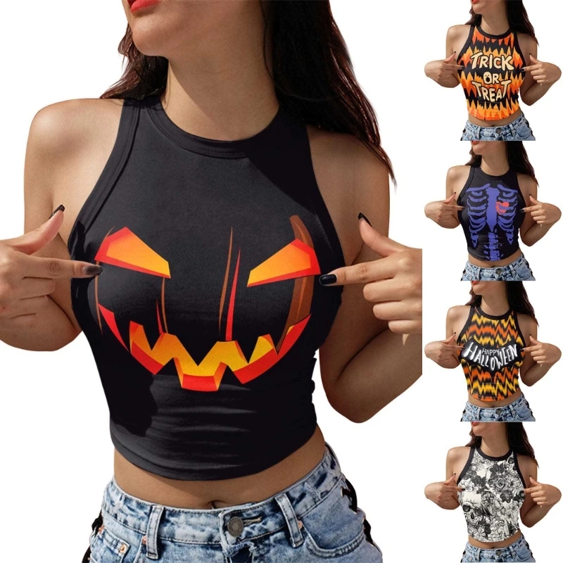 

Halloween Women Vest Summer Sleeveless 2023 Print Streetwear Crop Top N7YF