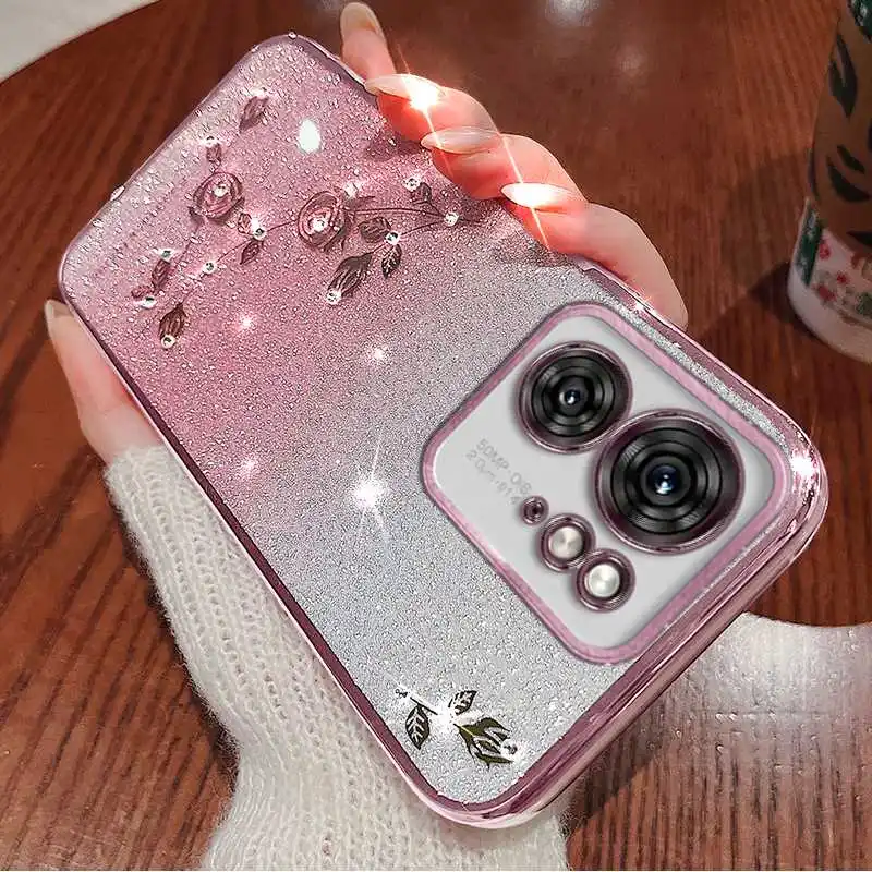 Floral Rhinestone Bling Soft Case For Motorola Edge 40 30 Neo Lite Pro Ultra Fusion Flower Pattern Phone Case With Ring Stand