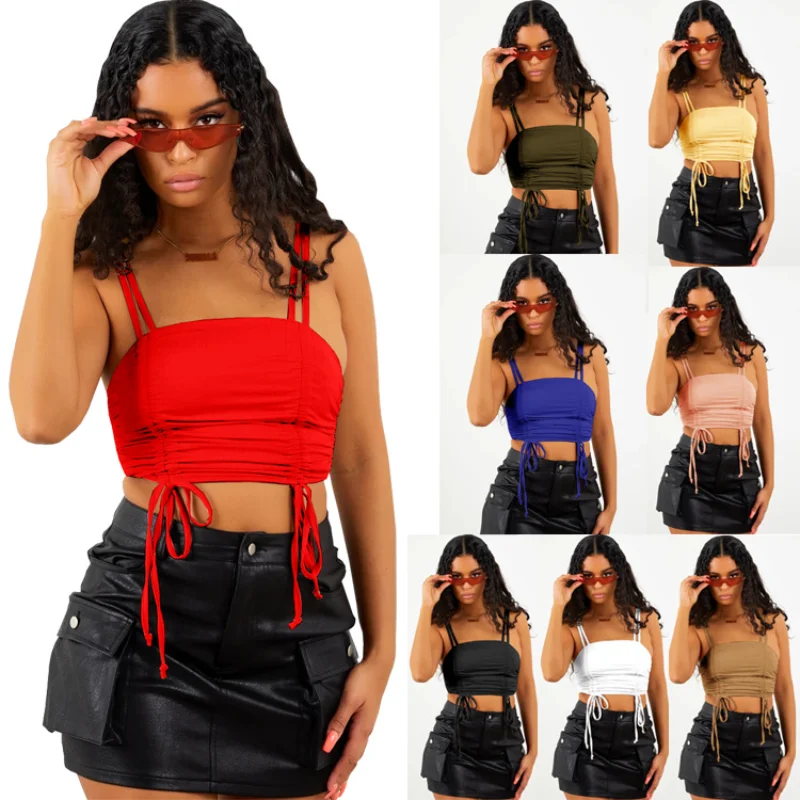 

Sexy Tank Top Wrap Chest Drawstring Tie Halter Crop Tops Women Casual High Elasticity Cropped Vest Camisole Tube Top Female