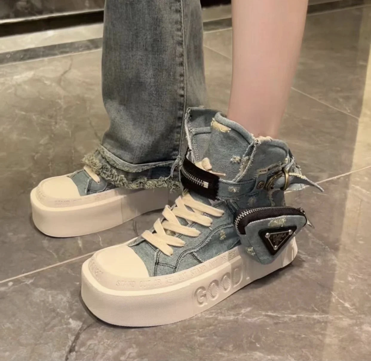

Womens Denim Jeans Square Toe High Top Sneakers Platform Casual Shoes Girls New 2023
